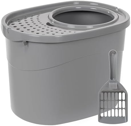 Amazon Basics Large Cat Litter Box with High Sides, Top Entry, Odor Control, Includes Scoop, 20.5 x 14.75 x 14.38 inches, Grey