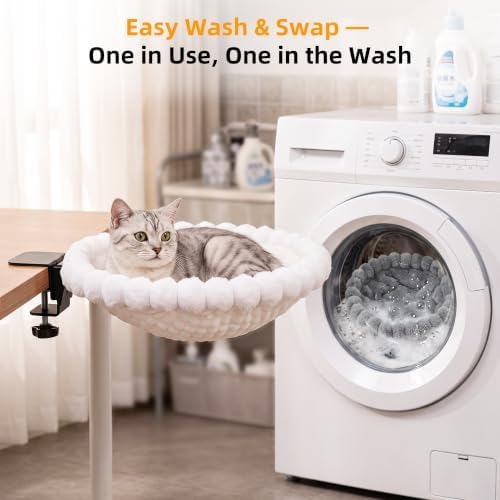 Desk Cat Bed with 2 Washable Covers (Gray & White Set), Space Saving Clamp-On Cat Perch Hammock for Desk Side, Heavy Duty Metal Frame Cat Lounge Seat for Indoor Cats, Fits Most Desks