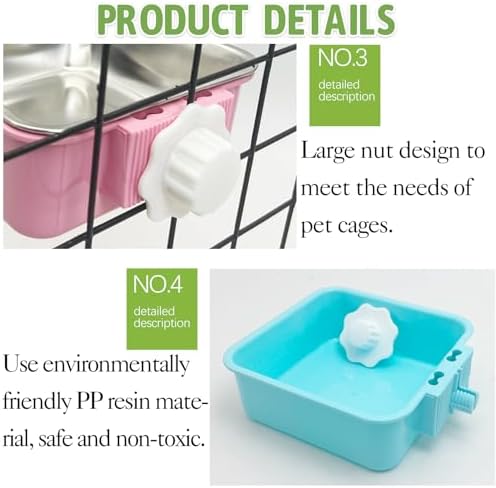 kathson Crate Dog Bowl, Removable Stainless Steel Hanging Pet Kennel Cage Bowl Food & Water Feeder Coop Cup for Puppy, Cat, Rabbit, Guinea Pigs 3pcs Small Square(Blue, Green, and Pink)
