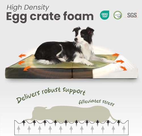Laifug Foldable Waterproof Dog Bed for Large Dogs - Outdoor Orthopedic Dog Bed with Washable Removable Cover, Pet Mattress with Handles, Army Green, (44 x 32 x 3.5, inches)