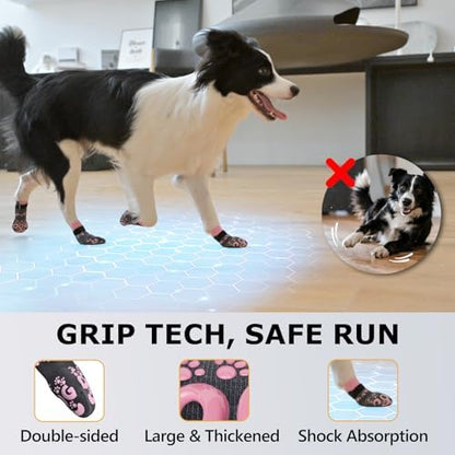 Dog Booties for Large Dogs - Double Side Dog Sock for Hardwood Floors Anti Slip, Dogs Paw Socks, No Twist Grippy Socks for Senior Dog, Dark Grey and Pink, XXL