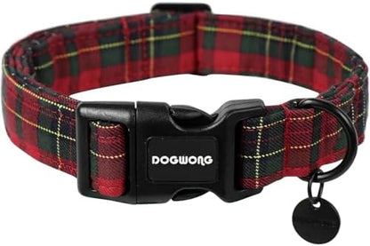DOGWONG Cotton Christmas Dog Collar, Heavy-Duty Christmas Red Plaid Dog Collar Durable Soft Natural Fabric Pet Dog Collars for Large Dogs,XL