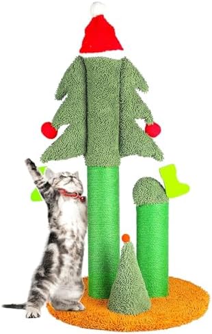 FluffyDream 32” Cat Scratching Post, Tall Christmas Tree Cat Scratcher with 3 Posts and Cute Dangling Teaser Balls, Natural Sisal Rope Cat Toys for Kitty and Adult Cats