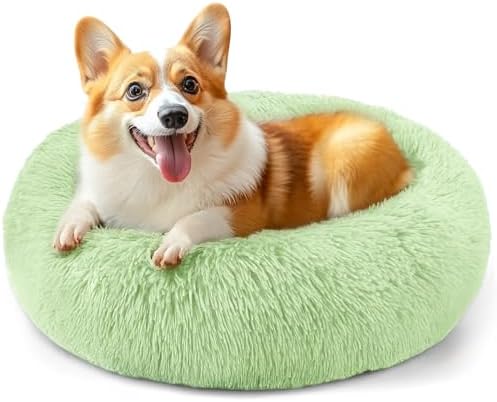 28in Large Dog Bed, Calming Donut Bed for Puppy and Kitten (Green)