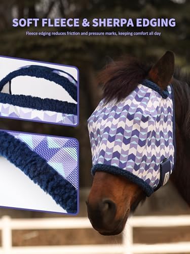 Tackmore Horse Fly Mask Without Ears, Breathable Structured Mesh for Horses, Soft Fleece Edging, UV Protection, Printed Turnout Mask for Pasture-Purple Waves XL