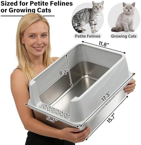 Stainless Steel Litter Box with Lid, Metal Litter Box for Kitten, Small Litter Boxes with Scoop and Mat, Low Entry,Non-Stick,Easy to Clean Litterbox for Small to Medium Cats