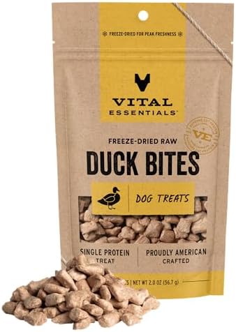 Vital Essentials Freeze Dried Dog Treats, Duck Bites, 2.0 oz Bag