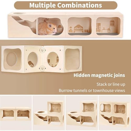 Marchul Magnetic Hamster Hideout Wooden House Chamber for Small Animals Pets Tunnel Exploring Toys for Dwarf Hamsters, Syrian, Gerbils, Hedgehogs, Rats, Mice (Living Room)