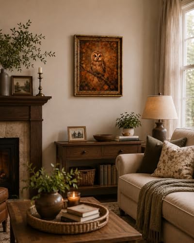 Framed Vintage Style Wall Art Rustic Forest Animal Elegant Owl Canvas Print Poster Farmhouse style artwork suitable for bedroom or living room 12x16 inches designed for wall hanging or tabletop display