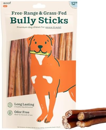 WOOF Bully Sticks Dog Chew Treats, 12 Inch, 25 Count