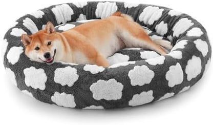 JOEJOY Jacquard Donut Round Dog Beds Medium Sized Dog,Grey 30x30x8in, Removable Washable Cover, Cute Pattern, Ultra Soft Fluffy Calming Pet Bed with Thick Supportive Bolster
