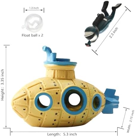 Floating Retro Submarine, Fish Tank Decoration for Aquarium, Yellow