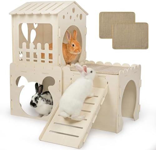 Extra Large Rabbit Castle, Wooden Bunny House & ,Detachable Rabbit Hideaway, Indoor Hamster Castle with Ramp, Small Animal Houses & Habitats for Guinea Pig Chinchilla Ferret(3 House with Sisal Mat)