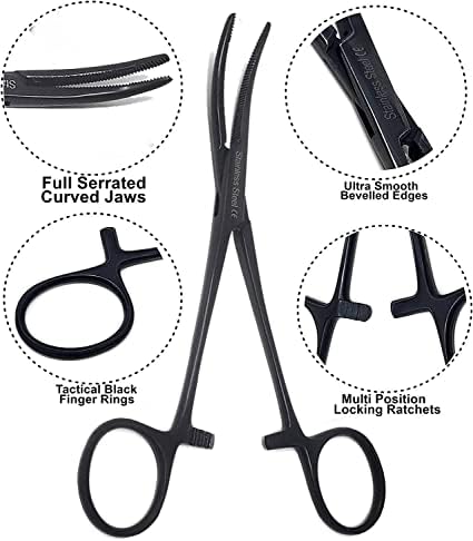 Dog Pet Ear/Nose Hair Puller Grooming Hemostat Locking Forceps Curved Pliers, 5.5" (14cm) Full Serrated Clamps Stainless Steel (All Black)