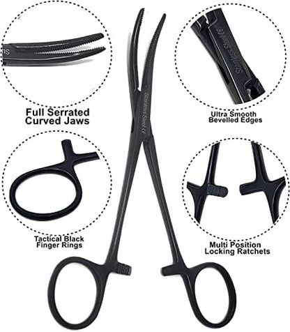 Dog Pet Ear/Nose Hair Puller Grooming Hemostat Locking Forceps Curved Pliers, 5.5" (14cm) Full Serrated Clamps Stainless Steel (All Black)