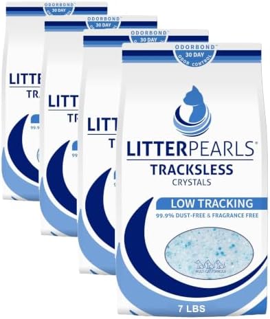 Litter Pearls Tracksless Unscented Non-Clumping Crystal Cat Litter with Odorbond, White, Clear and Blue Crystals, 7 Pound (Pack of 4)