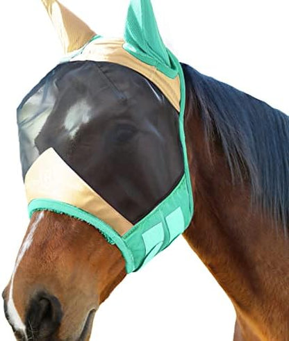Harrison Howard Pro Luminous Horse Fly Mask Standard with Ears UV Protection for Horse Champagne Gold/Mint Medium Cob