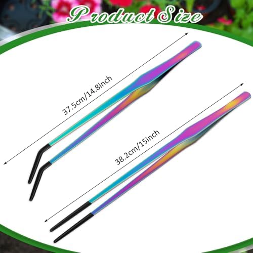 Lasnten 2 Pcs Extra Long Stainless Steel Reptile Feeding Tongs with Rubber Tip 15 Inch Bearded Dragon Aquarium Straight and Curved Long Tweezer Terrarium Feeder Tool for Tank (Colorful)