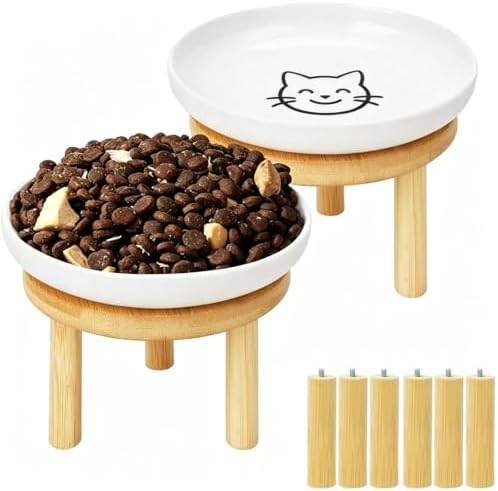 Elevated Cat Bowls with Bamboo Stand, Ceramic Raised Cat Bowl Set of 2, 5.9 Inch Whisker Friendly Anti Vomiting Cat Food Bowls for Dry and Wet Food