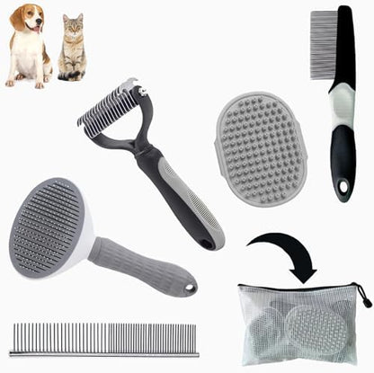5PCS Grooming Kit for Dog,Puppy- Deshedding & Slicker Brush for Short-Haired Pets, Flea Comb and Grooming Comb Set Grey