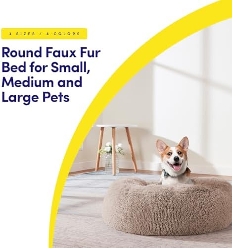 Dog & Cat Bed: Round Faux Fur Pet Bed - Plush, Cozy, & Calming Donut Bed for Medium Pets - Soft & Comfortable Sleeping Cushion for Napping & Lounging, 23" Round, Taupe