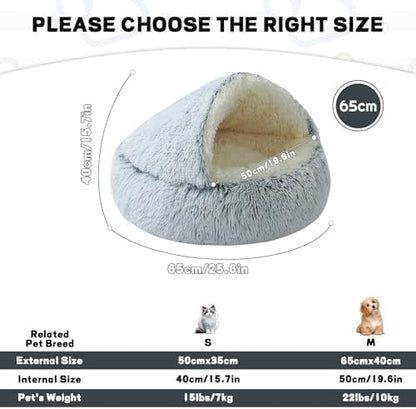 YUDANSI Calming Small Dog Bed & Indoor Cat Bed - Plush Fluffy Hooded Cave Nest, Anti-Slip Self-Warming, Washable Built-in No-Collapsing Support (Grey-65cm/26in)