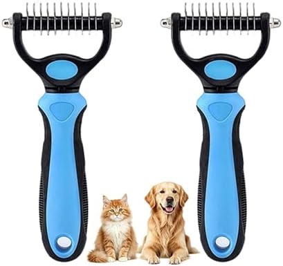 Dematting Comb for Dogs and Cats, Undercoat Rake Pet Brush for Long Hair, Deshedding Dog Brush Removes Tangles Knots and Loose Fur, Grooming Tool for Thick Coats (Blue M*2)
