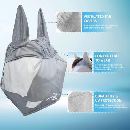 Harrison Howard UV-Proof Multi-Function Fabrics Thick Fleece Padding Horse Fly Mask Half Face with Ears Original Grey Horse Large