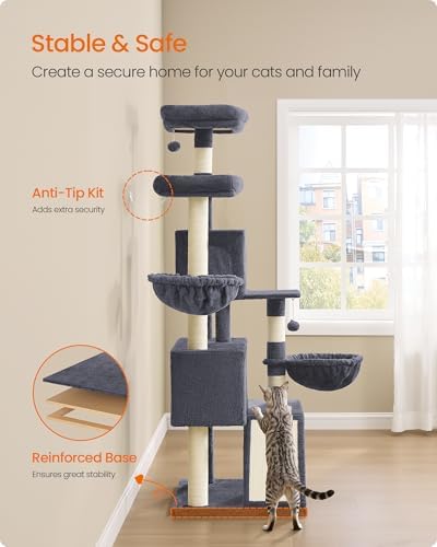 Feandrea Cat Tree, 68.5-in Tall Cat Tower, Multi-Level Condo, Dark Gray