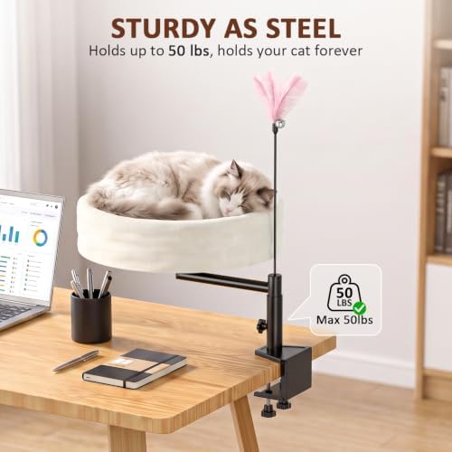 Cat Desk Bed, 360° Swivel Desk Mounted Cat Bed, Beige