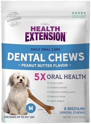 Health Extension Peanut Butter Dental Bones for Dogs, 8 Medium Bones, Healthy Gums, Freshens Breath, Cleans Teeth, Training or Reward, 6 oz Bag (Pack of 1)