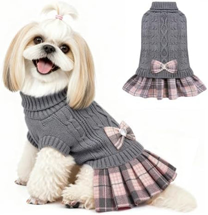 YUDODO Small Dog Sweater Dress with Bowtie Turtleneck - Knitted Pet Clothes