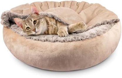 JOEJOY Small Dog Cat Bed With Hooded Blanket, Cozy Cuddler Luxury Puppy Pet Donut Round Calming Anti-Anxiety Burrow Cave - Anti-Slip Bottom, Machine Washable, 23 Inch