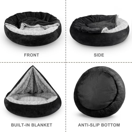 JOEJOY Small Dog Bed Cat Bed with Hooded Blanket, Cozy Cuddler Luxury Puppy Pet Bed, Donut Round Calming Anti-Anxiety Dog Burrow Cave Bed - Anti-Slip Bottom and Machine Washable 23 inch
