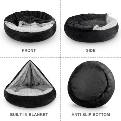 JOEJOY Small Dog Bed Cat Bed with Hooded Blanket, Cozy Cuddler Luxury Puppy Pet Bed, Donut Round Calming Anti-Anxiety Dog Burrow Cave Bed - Anti-Slip Bottom and Machine Washable 23 inch