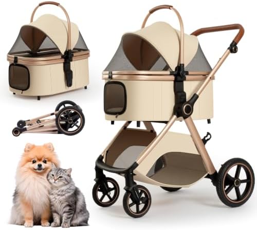 3 in 1 Pet Stroller for Small Medium Dogs,Luxury Dog Stroller with Reversible & Height-Adjustable Handle,Washable Pad&Liner,Rubber Wheels,for Puppy,Senior Pets,Outdoor,Shopping&Vet Visits (Khaki)