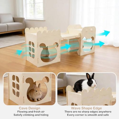 Extra Large Rabbit Castle, Wooden Bunny House & Training Bridge, Detachable Rabbit Hideaway, Indoor Hamster Castle with Ramp, Small Animal Houses & Habitats for Guinea Pig Chinchilla Ferret(2+1 House)