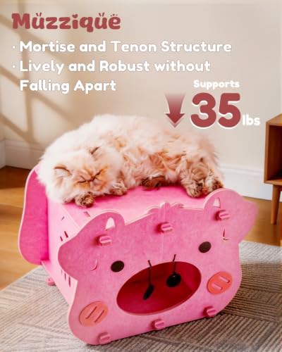 Cute Cat Bed, Pink Pig Cat House, Hideaway Cave with Perch, for Indoor Cats