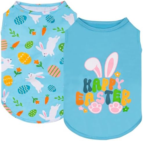 KYEESE 2Pack Easter Dog Shirt, Breathable Tank Top Sleeveless Dog T Shirts for Small Dogs Boy Girl, Lightweight Dogs Clothes Pet Outfit for Holiday, Blue+Bunny, M