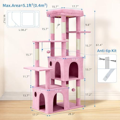 Garvee 61" Multi-Level Cat Tree for Indoor Cats, Heavy-Duty Tower for Large Adult & Maine Coon Cats with Extra-Large Perch, 2 Spacious Condos, Natural Sisal Scratch Posts & Play Toys – Pink
