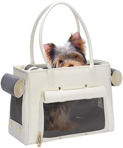 Fashion Pet Carrier Purse for Small Cat and Dog, Luxury Pu Soft-Sided Tote Bag with Large Pockets for Dogs and Puppies (White, 15.8" L x 7.5" W x 11.8" H)