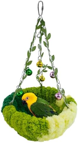 Admaison Bird Nest with Bell for Cage,Plush Hanging Bird Bed for Parakeet Indoor & Outdoor,Breeding Bird House for Conure,Budgie,Cockatiel,Lovebird,Canary,Finch,Hamster,Small Pets,Warm Nest,Green L