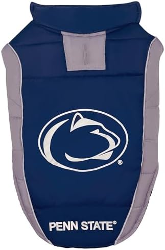 NCAA Penn State Nittany Lions Puffer Vest for Dogs & Cats, Size Medium. Warm, Cozy, and Waterproof Dog Coat, for Small and Large Dogs/Cats. Best NCAA Licensed PET Warming Sports Jacket