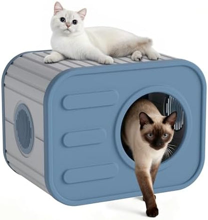 NUNU LAB Cat Litter Box Enclosure, Plastic Cat House Outdoor, Cats House for Indoor, Weatherproof Cat House, Camera Shaped Design, with Escape Door, for Small to Medium Cats (Blue)