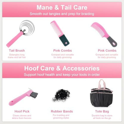 Horse Grooming Kit 13 Pack, Horse Brushes for Grooming Supplies Set with Tote Bag, Horse Tack Supplies with Gloves & Brush for Equine Care and Bathing (Pink)