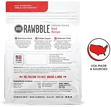 BIXBI Liberty Freeze-Dried Dog Food Topper & Treats, Beef – 98% Meat & Organs, No Refrigeration – USA Made, 4.5 oz