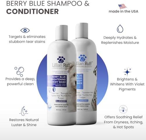 Lillian Ruff PRO Formula Berry Blue Brightening Dog Shampoo & Conditioner Set - Professional Show-Quality Whitening, Stain & Odor Eliminator, Hydrating Relief for Dry Skin, ProVitamin B5, USA Made