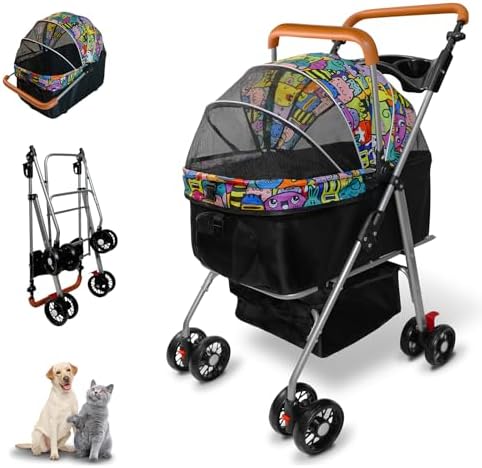 Pet Stroller with Storage Basket and Cup Holder, Folding Dog Jogger, Foldable Cat Stroller, 3 in 1 Puppy Kitten Cart, Pet Jogger for Medium Dog Cat (Magic Black)