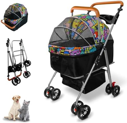 Pet Stroller with Storage Basket and Cup Holder, Folding Dog Jogger, Foldable Cat Stroller, 3 in 1 Puppy Kitten Cart, Pet Jogger for Medium Dog Cat (Magic Black)