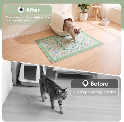 Bienbee Cat Litter Mat, 2PCS 28"x20" Machine Washable Litters Box Mats Non-Slip &Waterproof Cat Litters Trapping Mats Easy to Clean Mat for Litter Box Less Waste Protects Floors Bean Green Mandala M